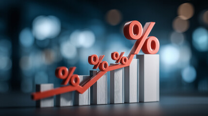 Business graph with percentage, shopping discount and tax adjustment concept, interest rate changes to fight inflation, investment return, and retail sales growth strategy