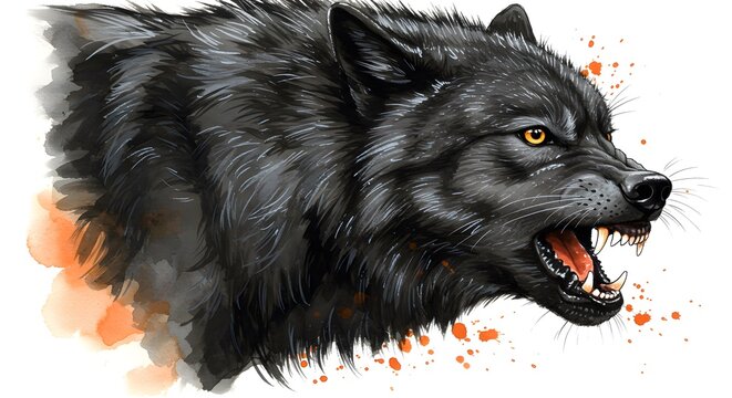 Powerful black wolf with striking yellow eyes and fierce snarl makes a bold statement, perfect for wildlife enthusiasts and impactful designs