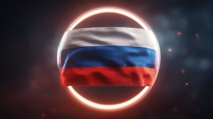 A perfectly symmetrical Russia flag suspended within a glowing circular frame surrounded by subtle volumetric haze Colors remain
