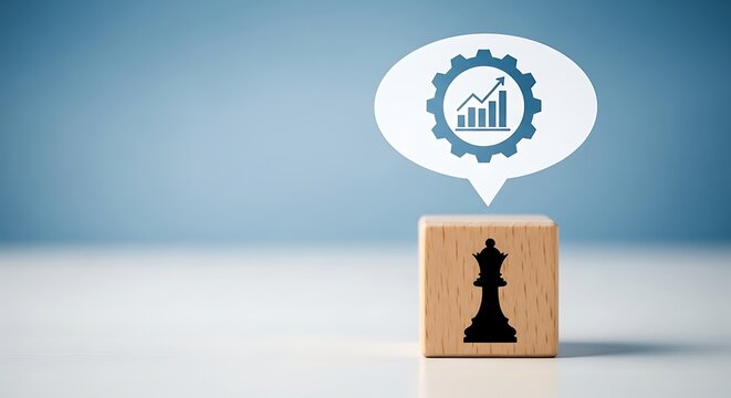 Wooden cube with chess queen silhouette and a speech bubble containing a gear icon with a growing bar chart, symbolizing strategy and business growth