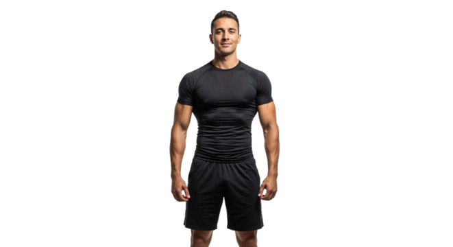 Fitness model stands confidently in black athletic wear in a studio setting during daylight hours