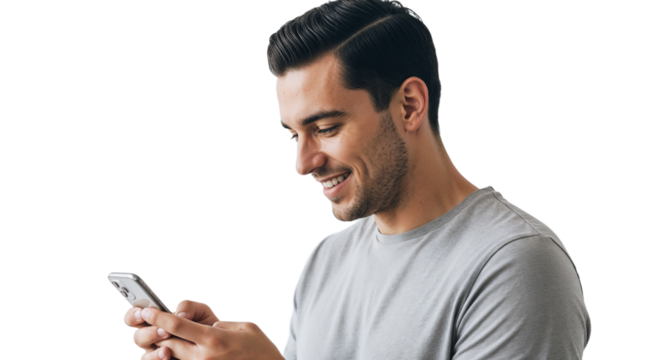 Young man smiling while using smartphone in indoor setting during daytime