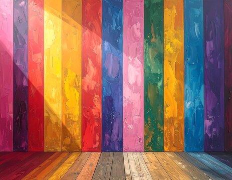 A vibrant artistic depiction features a color palette from the rainbow. Vertical, textured strokes are contrasted against wood planks - Powered by Adobe