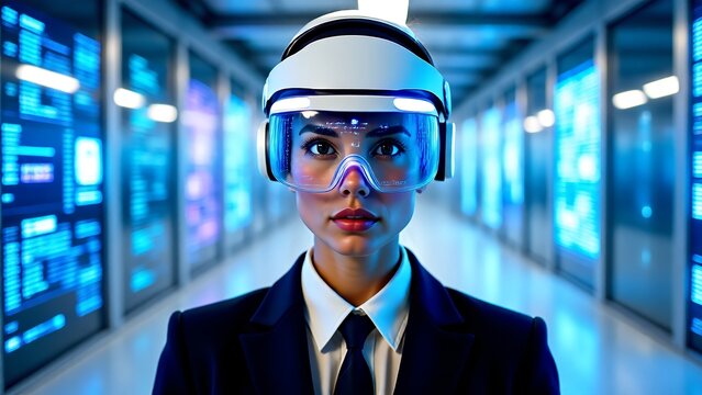 Focused business professional using cutting-edge augmented reality glasses to manage complex data systems, representing the future of AI-powered business solutions and technological advancement - Powered by Adobe