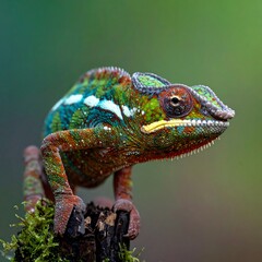 Obraz premium A vibrant chameleon, showcasing a kaleidoscope of colors, perches on a mossy log. The image has a shallow depth of field