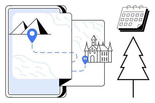 Open map with location markers linking mountains and a castle, symbolizing travel. Includes a tree, calendar, and abstract lines. Ideal for travel, navigation, tourism, scheduling exploration