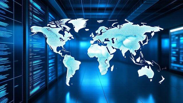 Futuristic Global Economy AI Data Intelligence Visualization in a Data Center, Representing Networked Systems