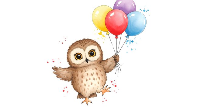 Adorable owl soaring with colorful balloons, a whimsical invitation to celebrate joy, perfect for children's decor and cheerful greetings, delightful art