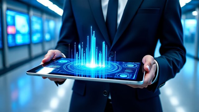 Futuristic businessman holding a tablet displaying a glowing holographic interface with data visualizations, representing advanced technology and business analytics in a modern setting