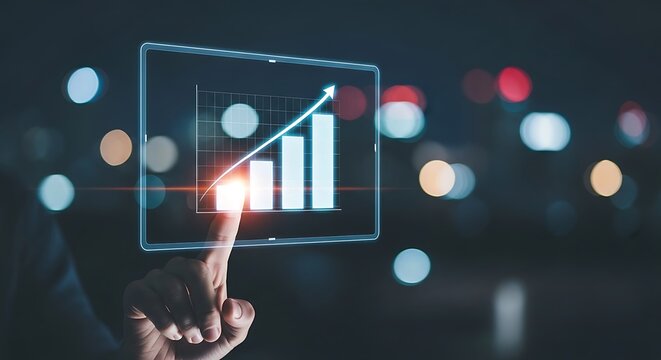 Fingertip touching a holographic display showing a growing bar chart with an upward trending arrow, symbolizing financial growth and success