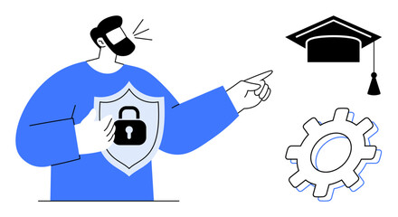 Man with shield showcasing cybersecurity pointing at graduation cap and gear, symbolizing education, protection, and progress. Ideal for learning, technology, security, career, achievement