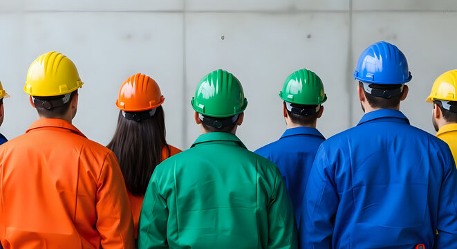 Diverse construction crew stands together, ready for work with colorful hard hats and uniforms, symbolizing unity and teamwork on site