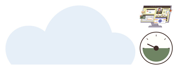 Cloud with virtual interface highlighting charts, people, and data, alongside speedometer indicating measurement. Ideal for technology, cloud management, analytics, data transfer, efficiency digital