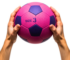 Male hands holding a pink and purple size three soccer ball isolated on transparent background