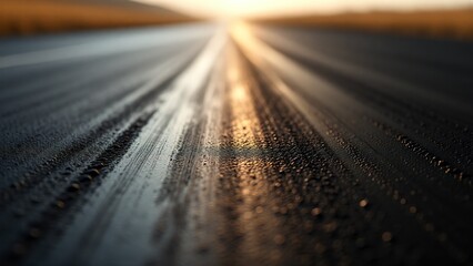 Close-up of a wet asphalt road reflecting the golden hour sunlight, creating a cinematic and abstract visual with subtle textures and light streaks, evoking a sense of journey or contemplation