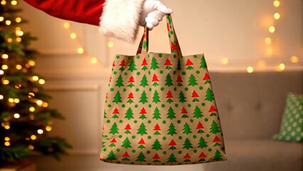 Santa and shopping bag discount concept. A festive bag decorated with Christmas trees, held by a hand in a Santa Claus costume.