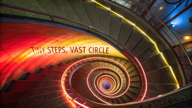 A spiral staircase with glowing neon lights and a bold quote