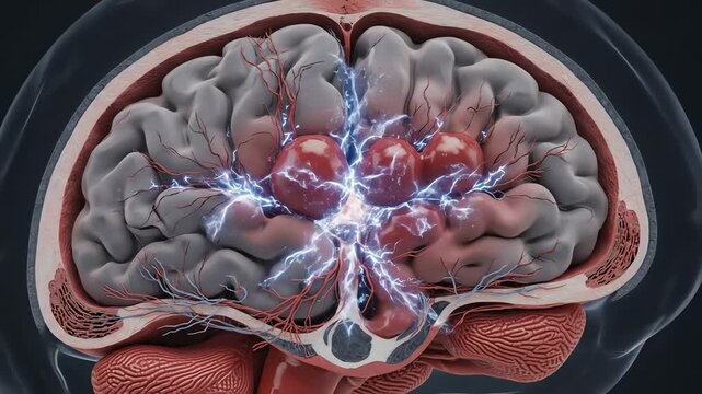 Human brain inflamed from Japanese encephalitis, swollen tissue, glowing neural activity