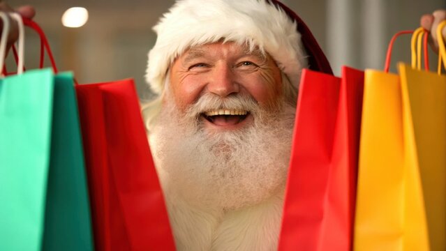 Santa and shopping bag discount concept. Cheerful Santa Claus holding colorful shopping bags, embodying festive joy and holiday spirit. - Powered by Adobe