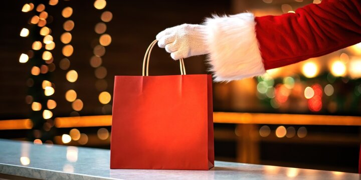 Santa and shopping bag discount concept. A festive hand in a Santa costume holds a red shopping bag against a backdrop of twinkling lights. - Powered by Adobe