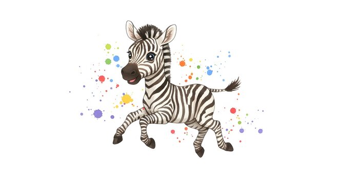 Playful zebra foal running with colorful splash background for children's books or vibrant animal-themed designs, bringing joy and fun to any project