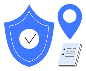 Shield with checkmark, location pin, and stacked documents convey security, privacy, compliance, and location tracking. Ideal for safety, reliability, data protection trust maps policies simple