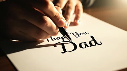 Close-up of hands meticulously writing a heartfelt 'Thank You Dad' message on paper, conveying deep appreciation and gratitude towards a father, symbolizing love and family bonds