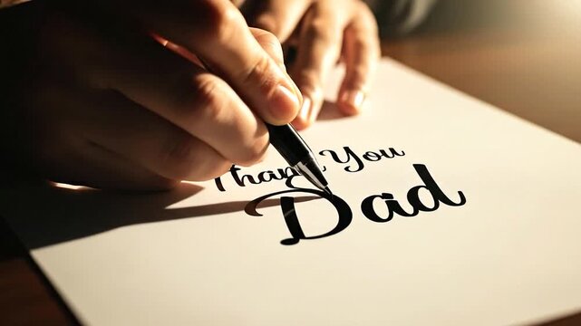 Close-up of hands meticulously writing a heartfelt 'Thank You Dad' message on paper, conveying deep appreciation and gratitude towards a father, symbolizing love and family bonds