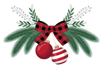 Festive Christmas branch with red plaid bow and ornaments, evoking holiday cheer and seasonal celebration