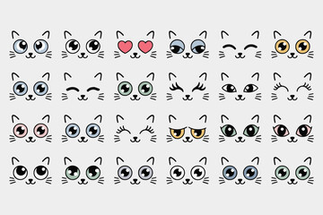 Cat Expression Grid – 30 Stylized Faces with Unique Eyes and Emotive Moods