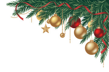 Elegant Christmas fir branches adorned with golden ornaments, red ribbons, and festive gold beads, perfect for holiday designs and celebrations