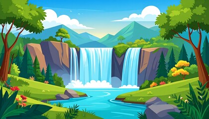 Cartoon-styled, vibrant landscape depicting a waterfall cascading into a serene river, surrounded by lush greenery, mountains, and a clear blue sky