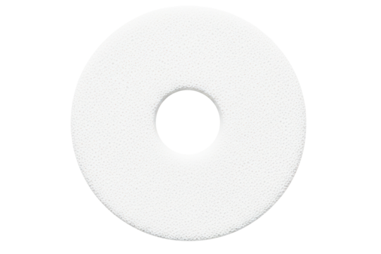 Top view of a circular white foam filter isolated on transparent background