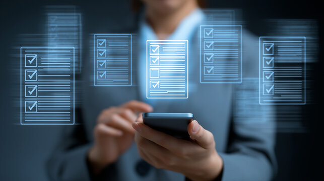 Regulatory and compliance concepts, corporate governance documents, and the use of smartphones and digital files by businesswomen, with a checkbox list displayed on a virtual screen