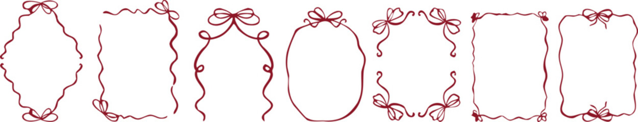 “Elegant red vintage decorative frame borders with floral swirls and ribbon accents. Hand-drawn ornamental outline set isolated on white background. Perfect for invitations, labels, and cards.”