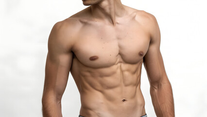 Fototapeta premium Muscular Male Torso Showing Defined Abs and Chest on White Background