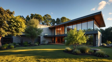 Ultra-realistic photograph of an exterior, emphasizing the surrounding landscape and its integration with the built environment, rendered with photorealistic precision