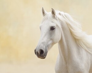 Obraz premium Majestic Portrait of a White Horse with Flowing Mane Against Beige Backdrop
