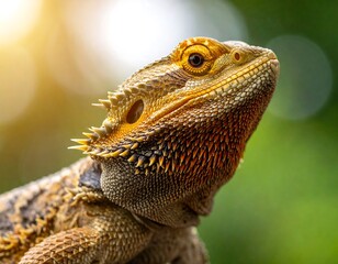 Close-up of a reptile with a spiky beard, basking in sunlight. Captured against blurred green foliage