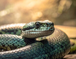 Obraz premium Close-up of a reptile with patterned skin and dark eyes. Natural light highlights head and scales