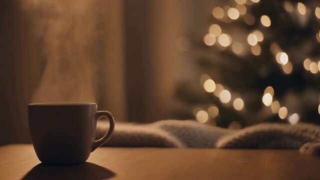 Cozy holiday moments steaming coffee mug near Christmas tree lights, festive relaxation, quiet winter evening, warm drink