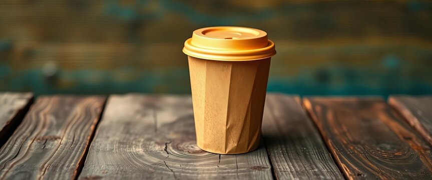 Recycled paper coffee cup with lid, sitting on rustic wood, sustainable, eco - Powered by Adobe