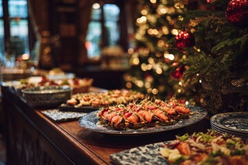 Festive Christmas Buffet with Smoked Salmon Appetizers and Holiday Decorations