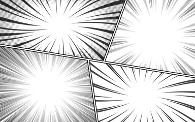 Black and white comic cartoon panel background template with halftone effect.