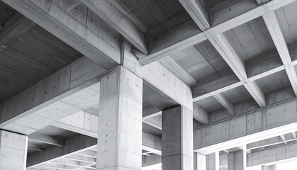 Fototapeta premium Dynamic perspective of a robust concrete structure, revealing the complex interplay of architectural beams and columns, symbolizing modern urban engineering strength and foundational construction