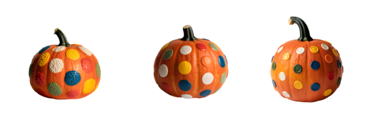Set For Three orange pumpkins with colorful polka dots isolated on transparent background