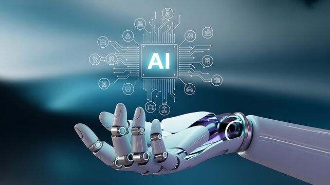 A robotic hand holding a glowing ai chip surrounded by icons on a gradient background