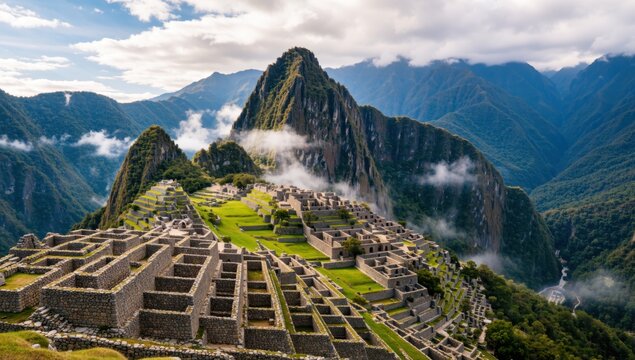 Panoramic view of the ancient inca city of machu picchu nestled high in the andes mountains of peru, south america - Powered by Adobe