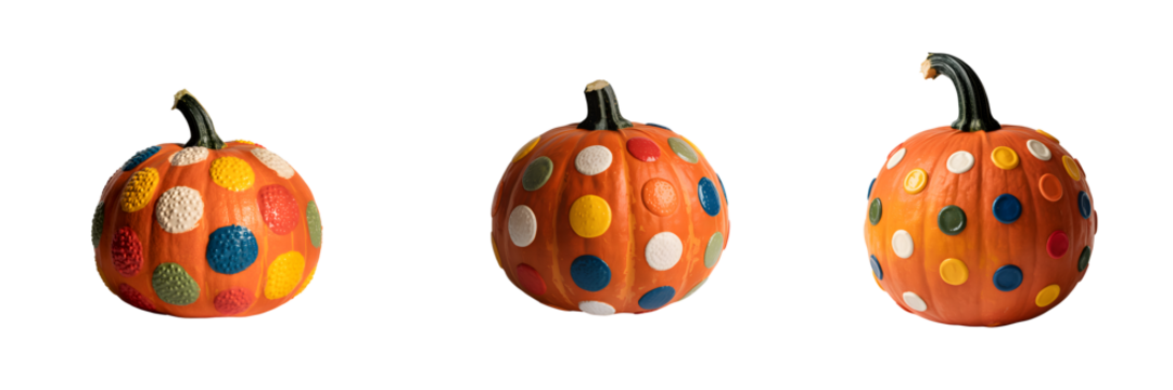 Set For Three orange pumpkins with colorful polka dots isolated on transparent background