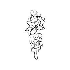 Hand drawn tattoo nature floral flowers, branches and leaves in line art style. Collection of sketches of botanical elements